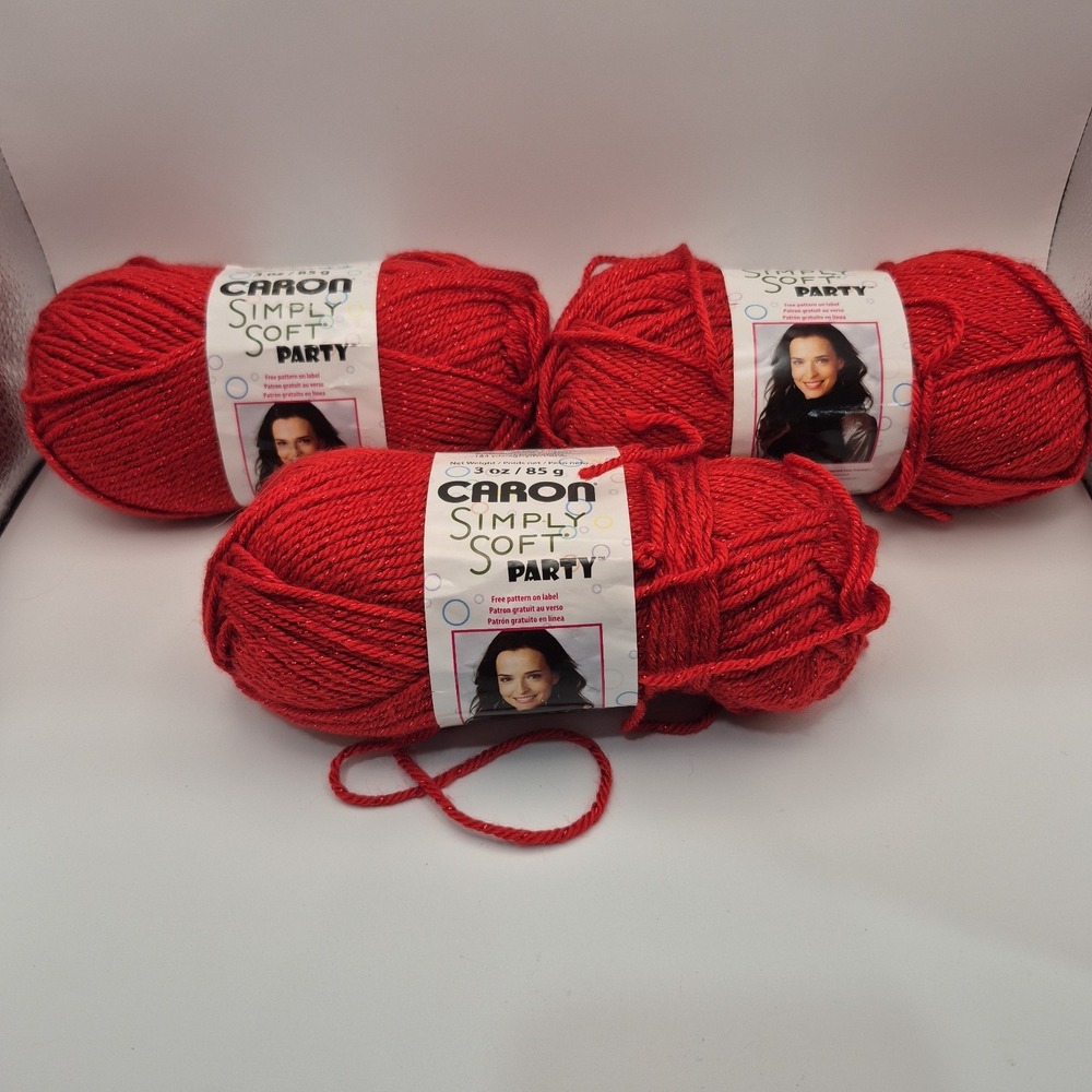 Caron Simply Soft Party Red Sparkle Yarn Lot 3 Skeins Approx 164 Yds Each #4